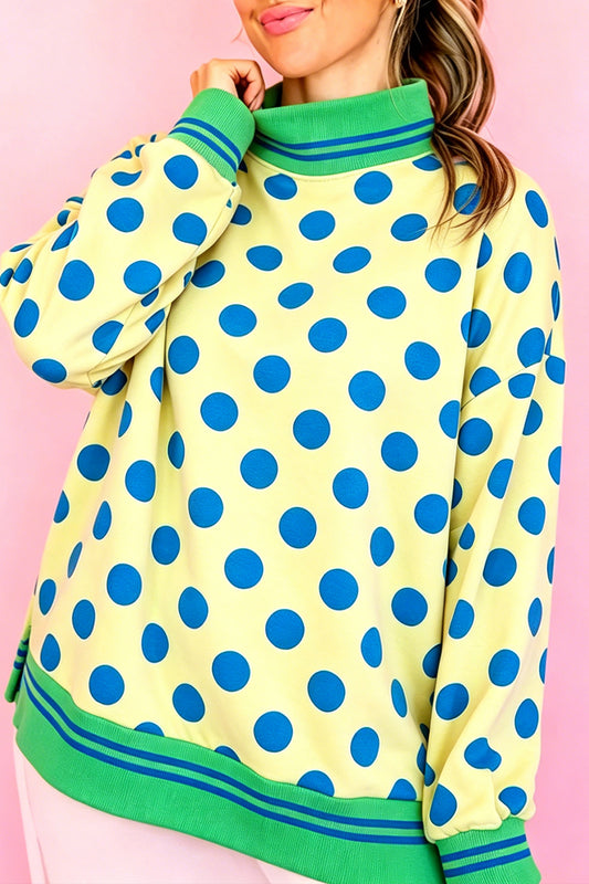 Yellow Polka Dot Striped Trim Mock Neck Sweatshirt