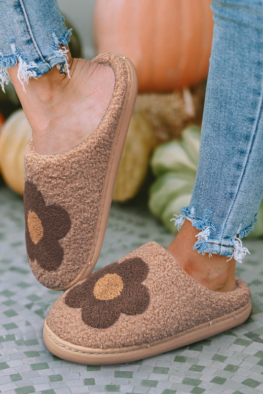 Camel Fuzzy Flower Pattern Homewear Slippers
