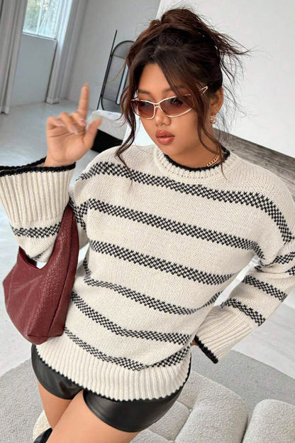 Apricot Stripe Wide Sleeve Drop Shoulder Crew Neck Plus Sweater