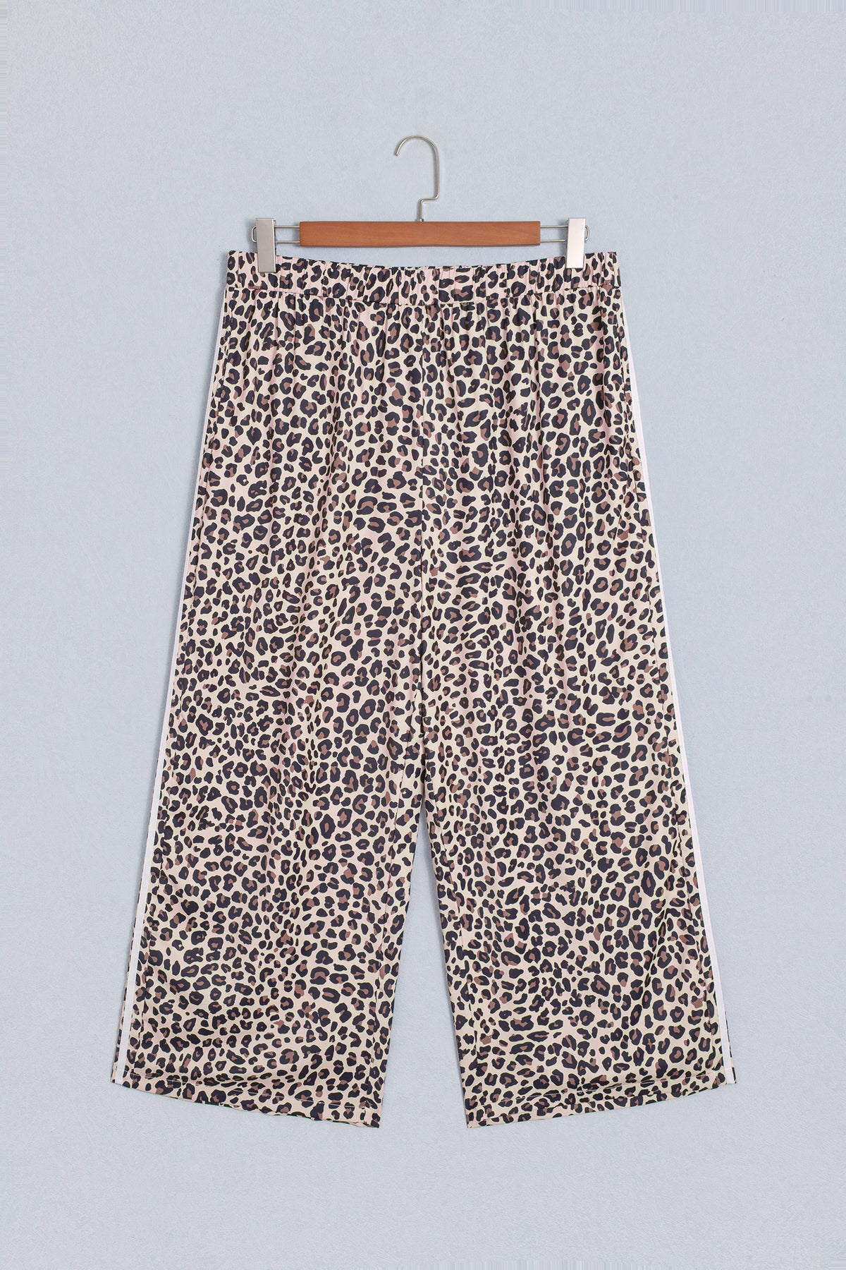 Beige Plus Size Leopard Print Side Stripes Detail Casual Pants