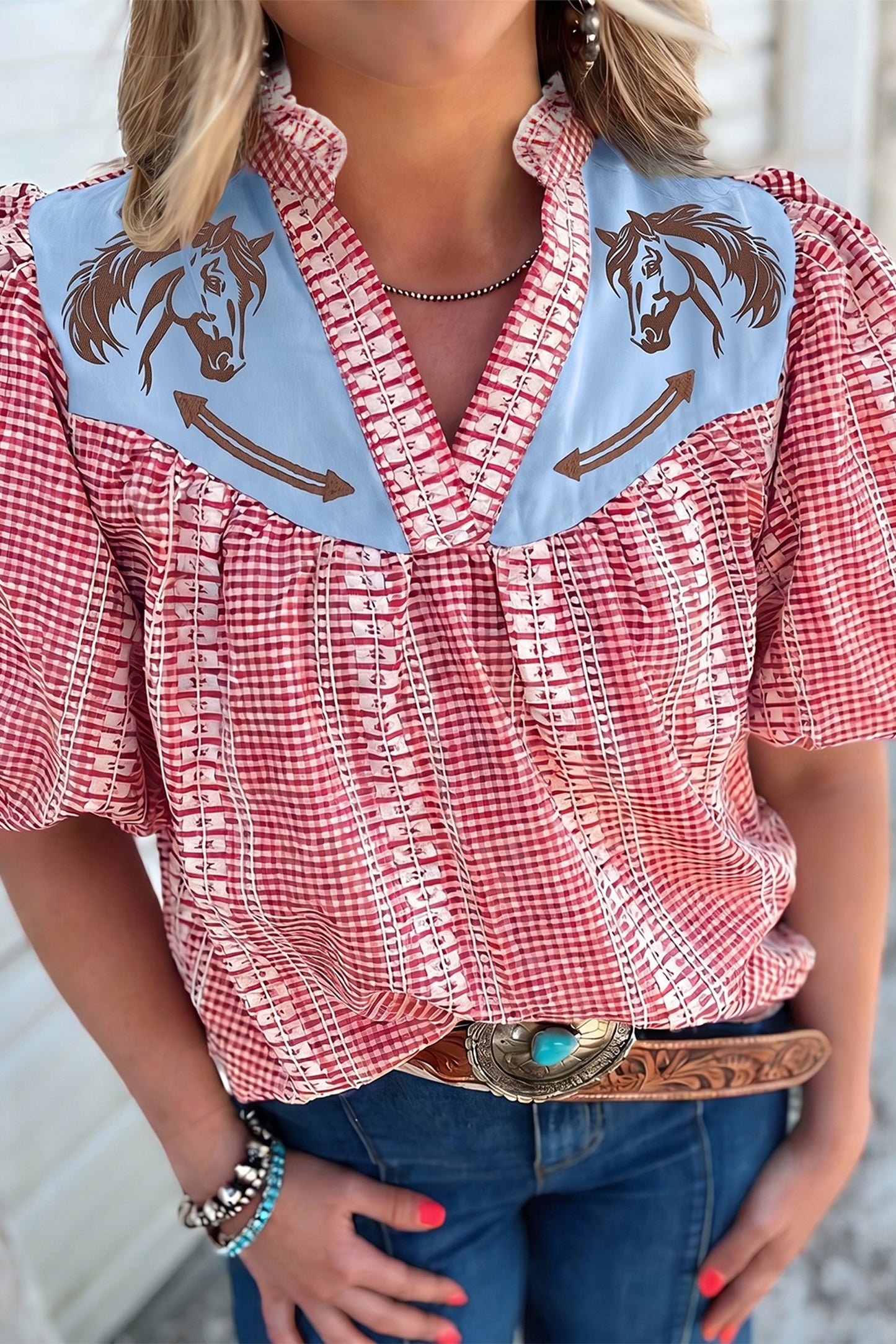 Brown Western Pony Embroidered Yoke Puff Sleeve Gingham Blouse