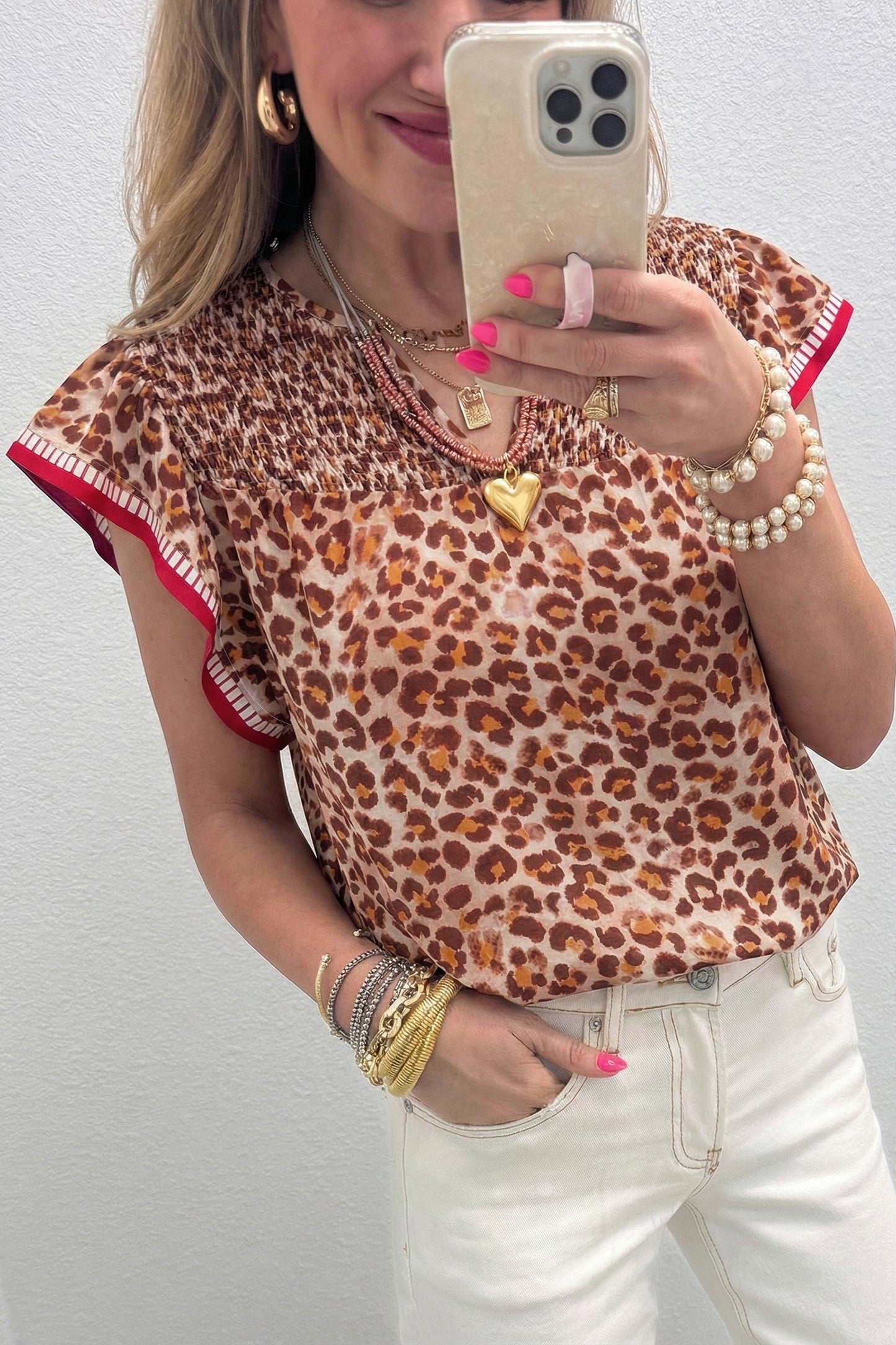 Apricot Contrast Trim Ruffled Short Sleeve Leopard Blouse
