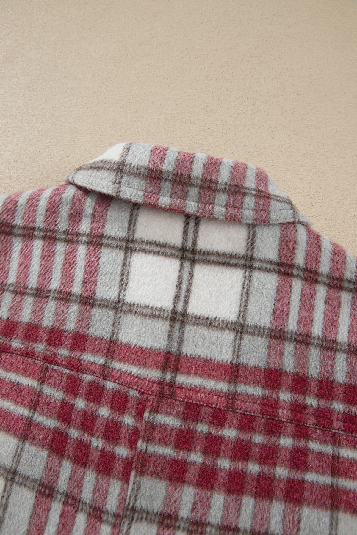 Red Plaid Flannel Metal Button Collar Long Sleeve Vintage Shift Jacket