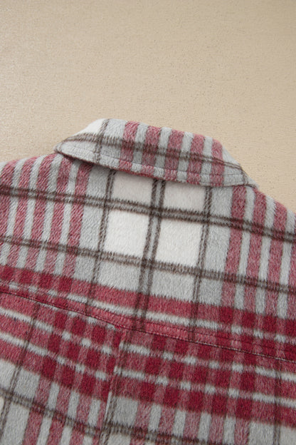 Red Plaid Flannel Metal Button Collar Long Sleeve Vintage Shift Jacket