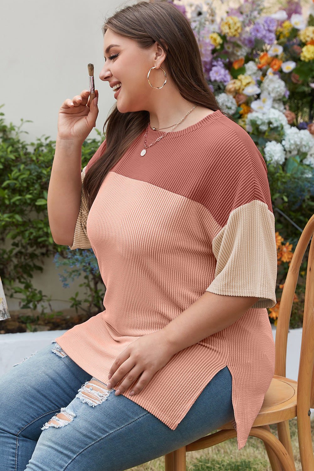 T-shirt côtelé colorblock rose grande taille