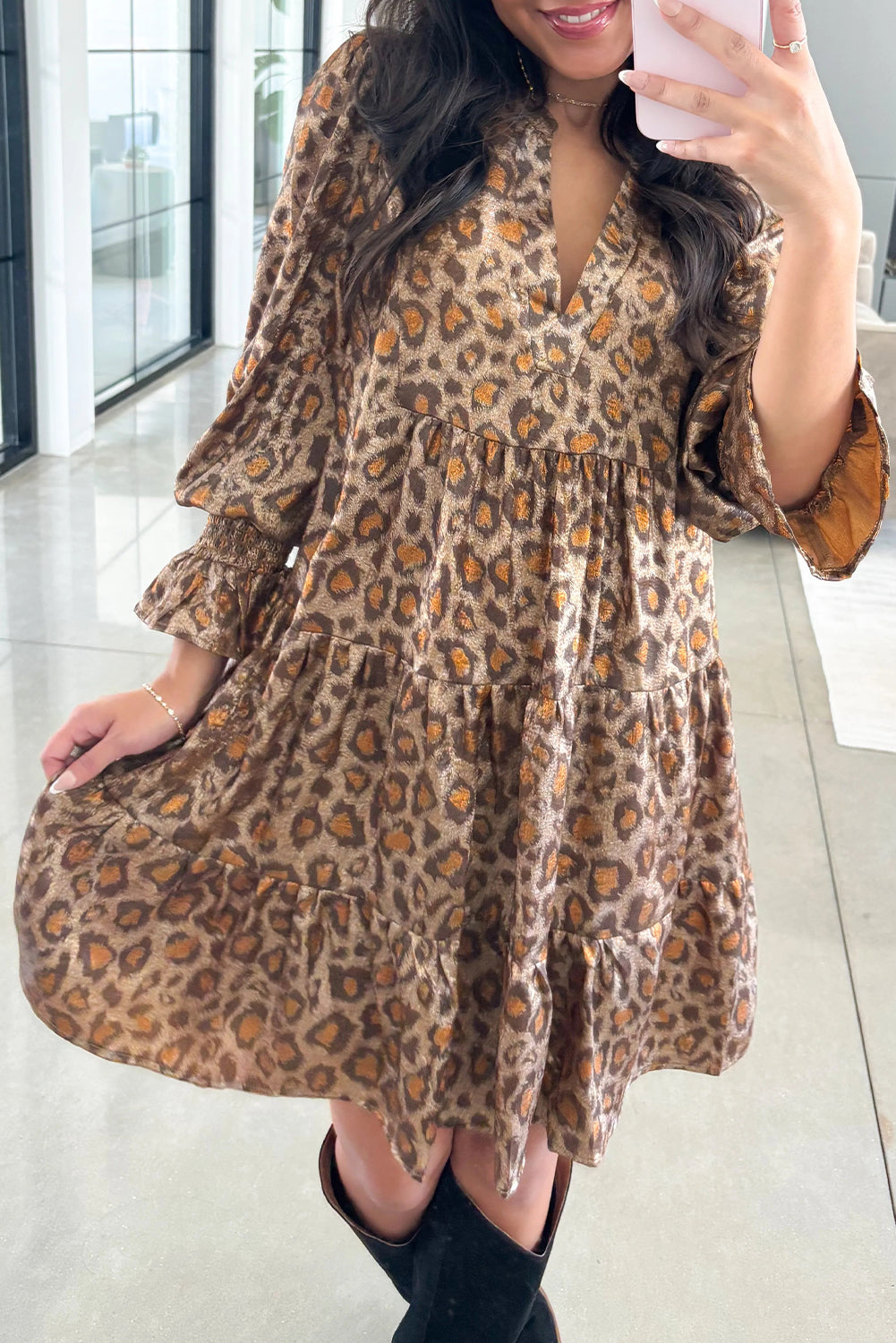 Khaki Leopard Print V Neck Ruffled Sleeve Tiered Loose Mini Dress