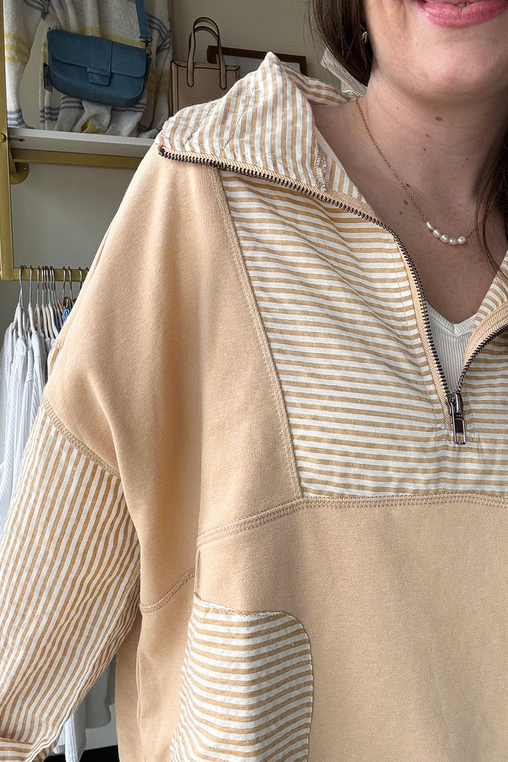 Smoke Gray Quarter Zip Striped Patchwork Drop Shoulder Loose Long Sleeve Top