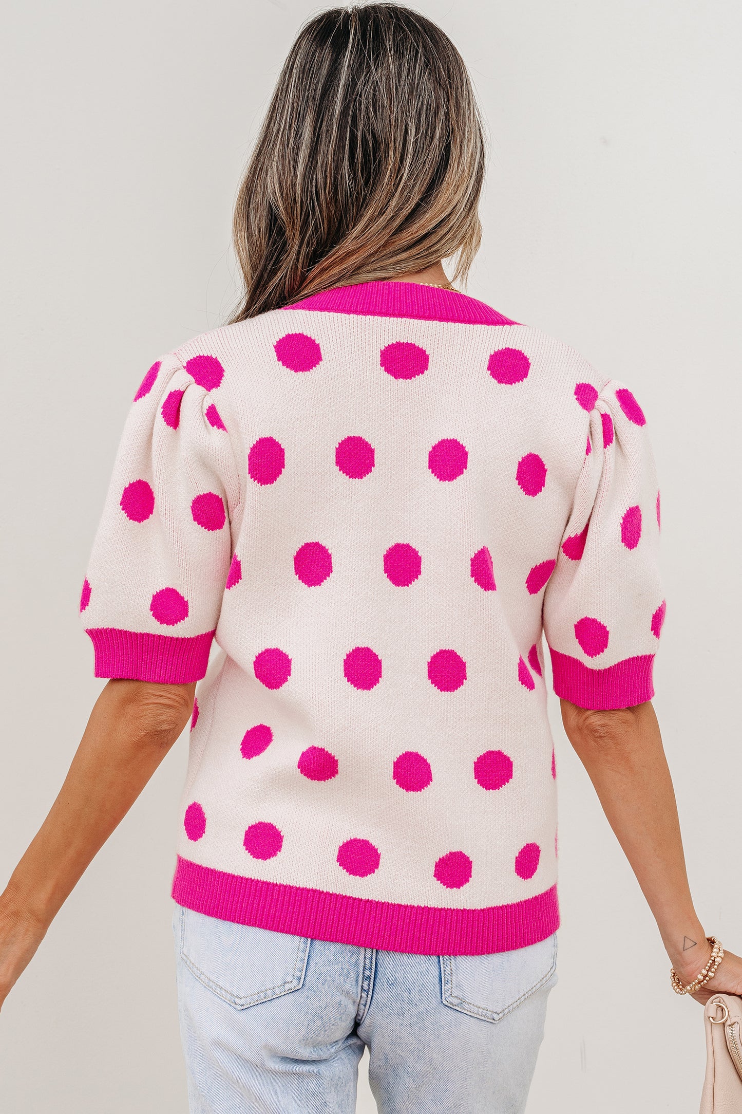 Light Blue Polka Dot Puff Short Sleeve Sweater Top