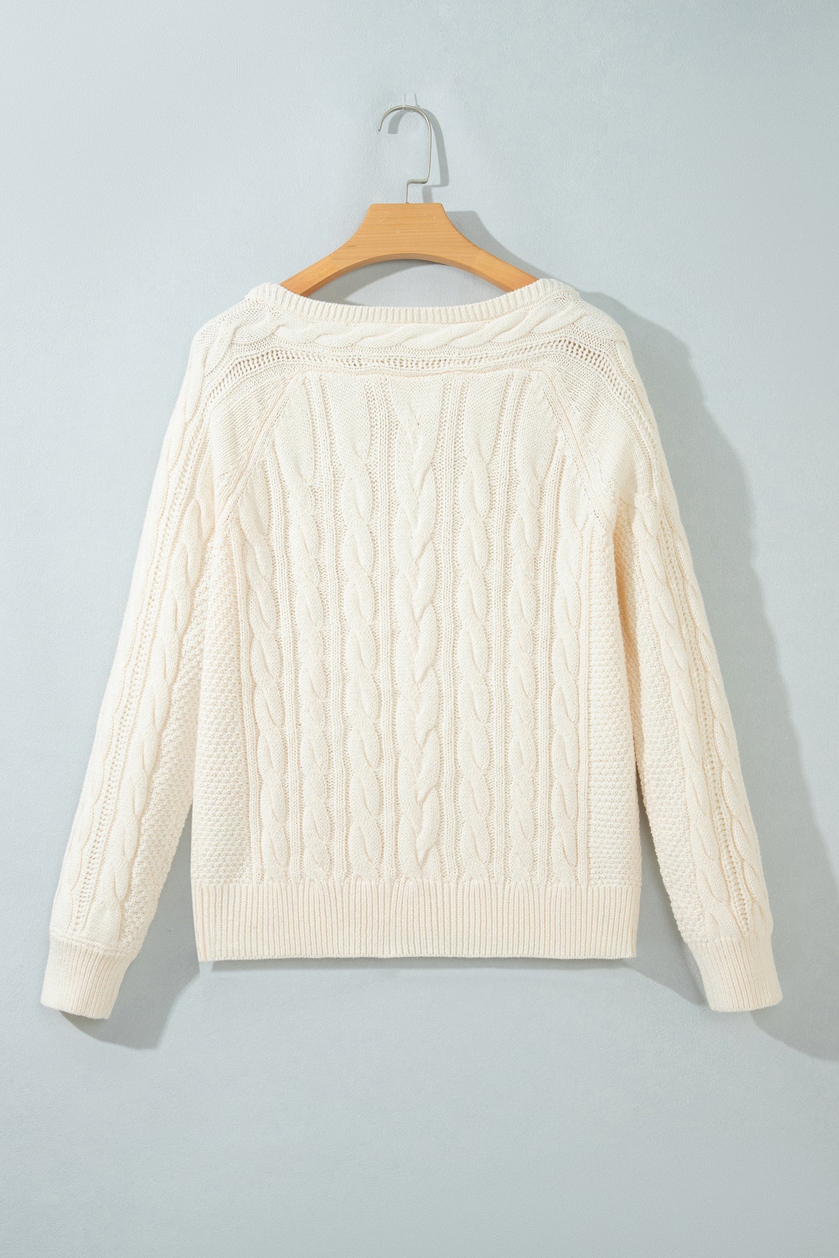 Beige Drop Shoulder Round Neck Cable Knit Sweater