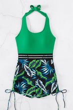 Bright Green Tropical Leaves Print Drawstring Side Backless Monokini
