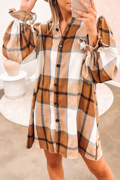Brown Plaid Pattern Collared Neck Ruffled Sleeve Shirt Dress