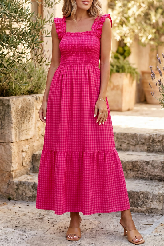 Red Plaid Square Neck Fit-and-flared Vacation Sundress