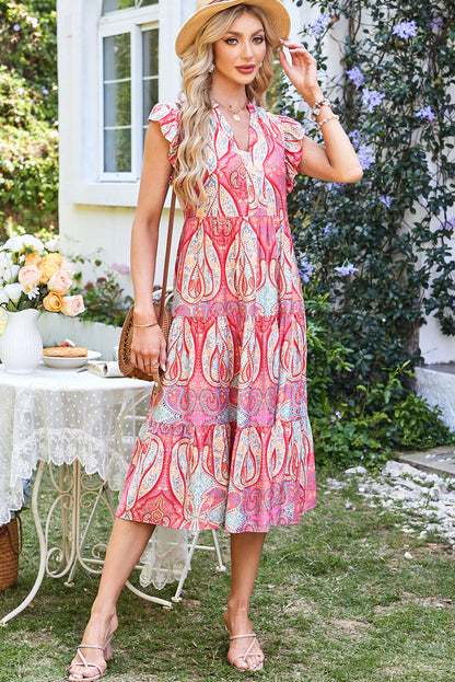 Rose Tribal Paisley Print Ruffled Sleeve Notch Neck Midi Dress