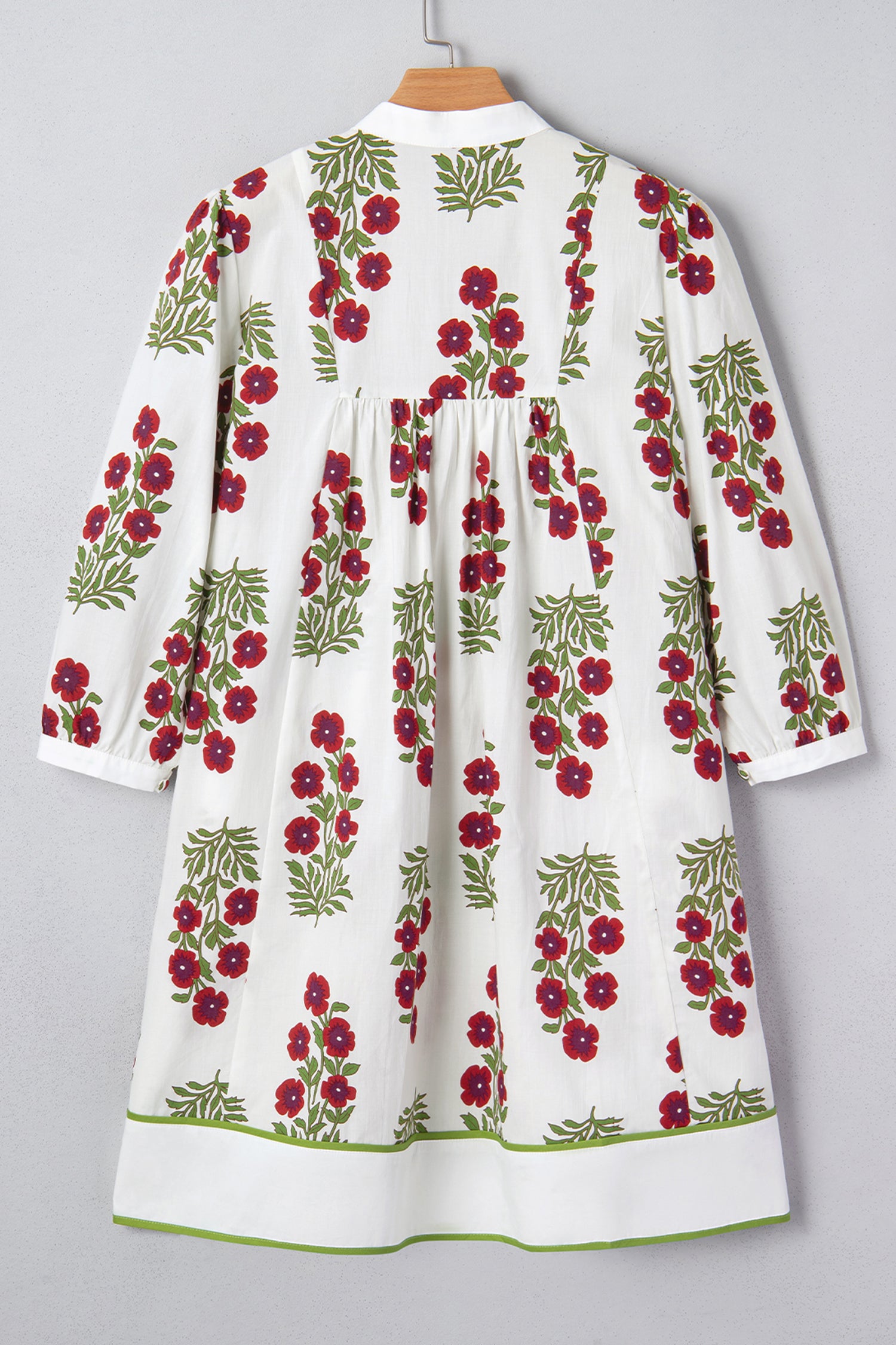 White Frilled V Neck 3/4 Sleeve Loose Floral Dress