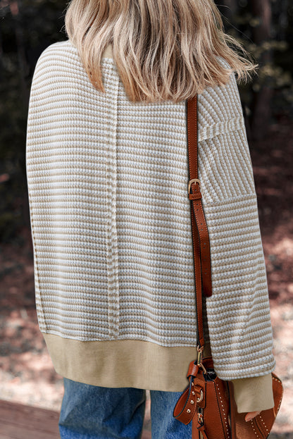 Red Stripe Ribbed Trim Drop Shoulder Long Sleeve Oversize Top