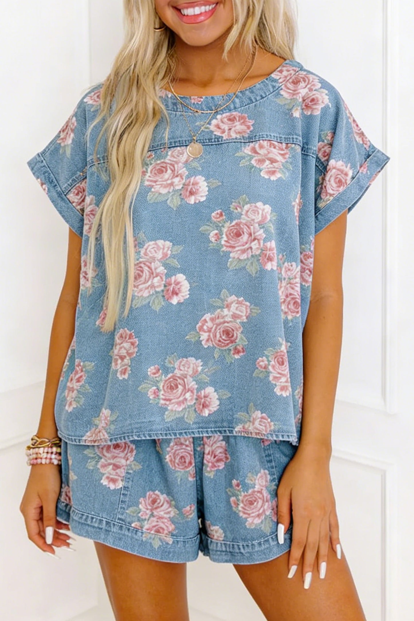 Sky Blue Floral Denim Short Sleeve Top Loose Shorts 2pcs Set