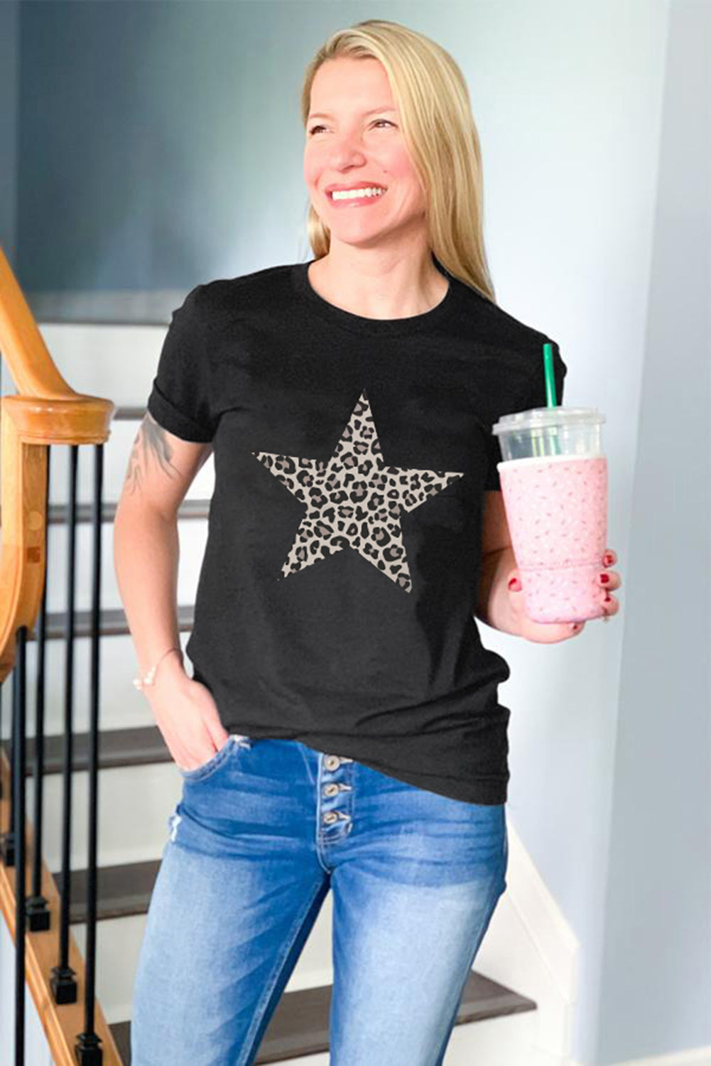 Leopard Star Print Crew Neck Tee