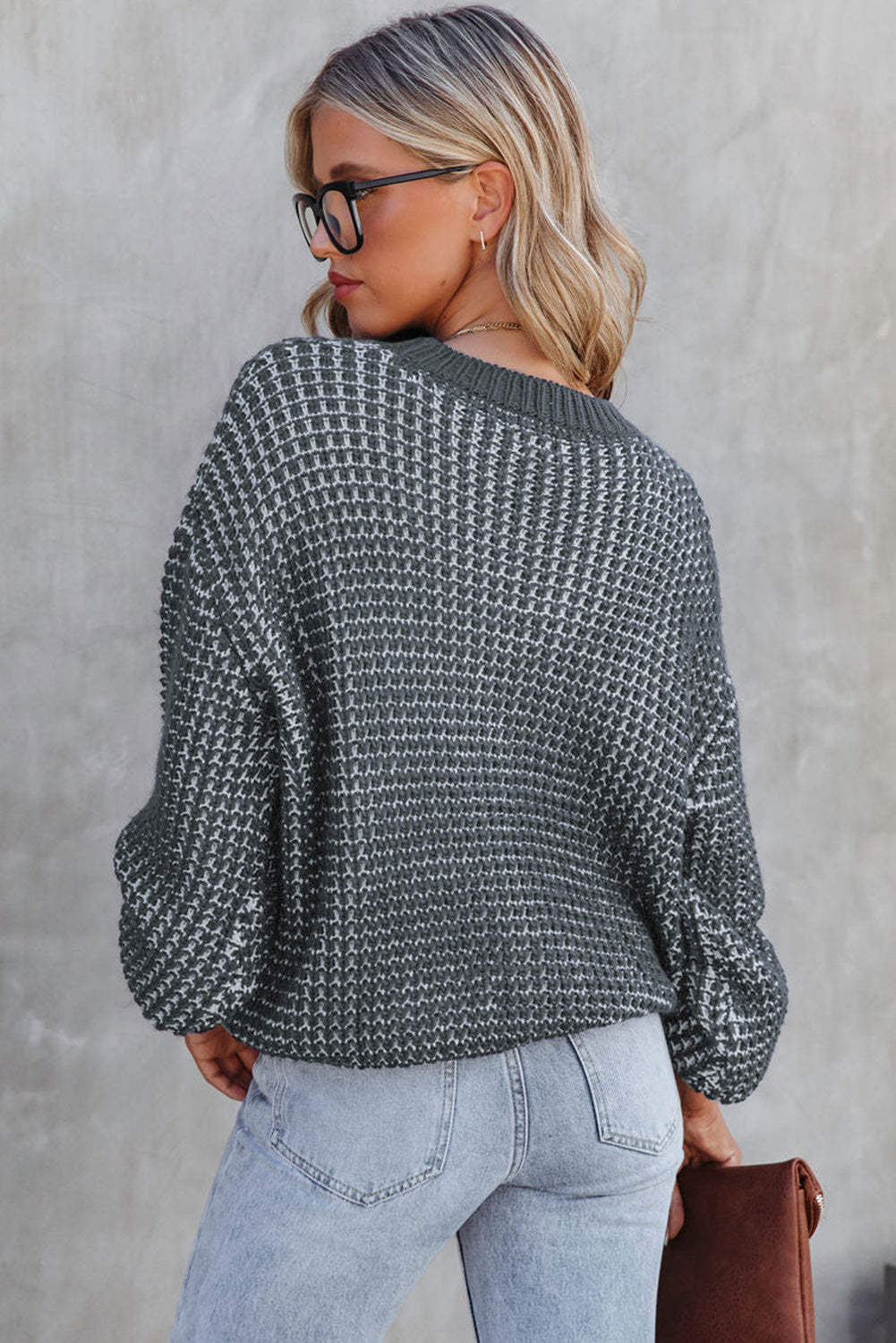 Pull vert chiné en tricot à épaules tombantes et manches bouffantes 