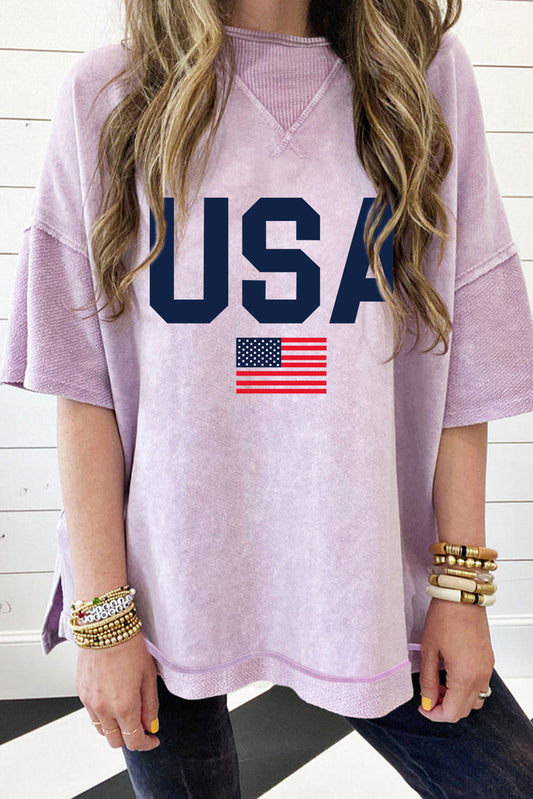 Orchid Petal USA American Flag Print Drop Shoulder Oversized T Shirt