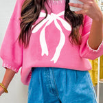 Sachet Pink Big Ribbon Bow Print Contrast Stitch Trim Drop Shoulder Sweater
