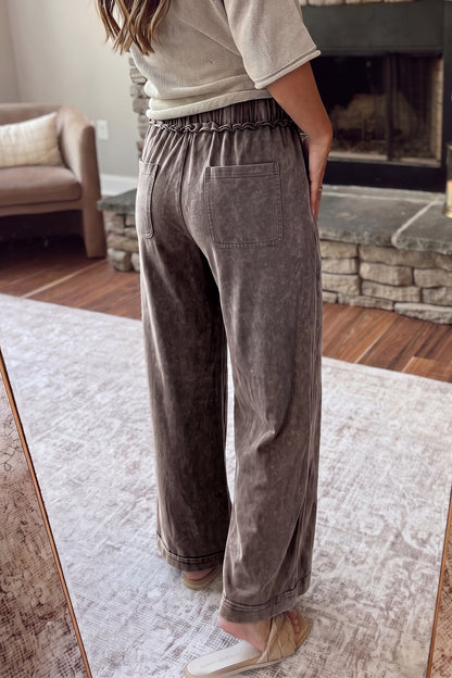 Coffee Mineral Wash Seam Detail Flare Leg Drawstring Pants