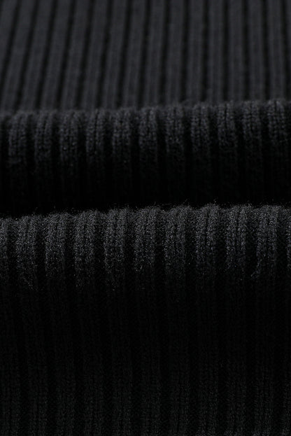 Black Patch Pocket Ribbed Knit Short Sleeve Sweater