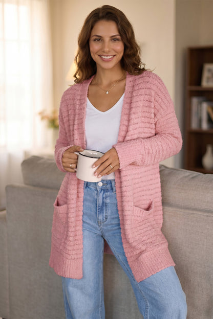 Light Pink Open Front Soft Fuzzy Ribbed Sweater Cardigan