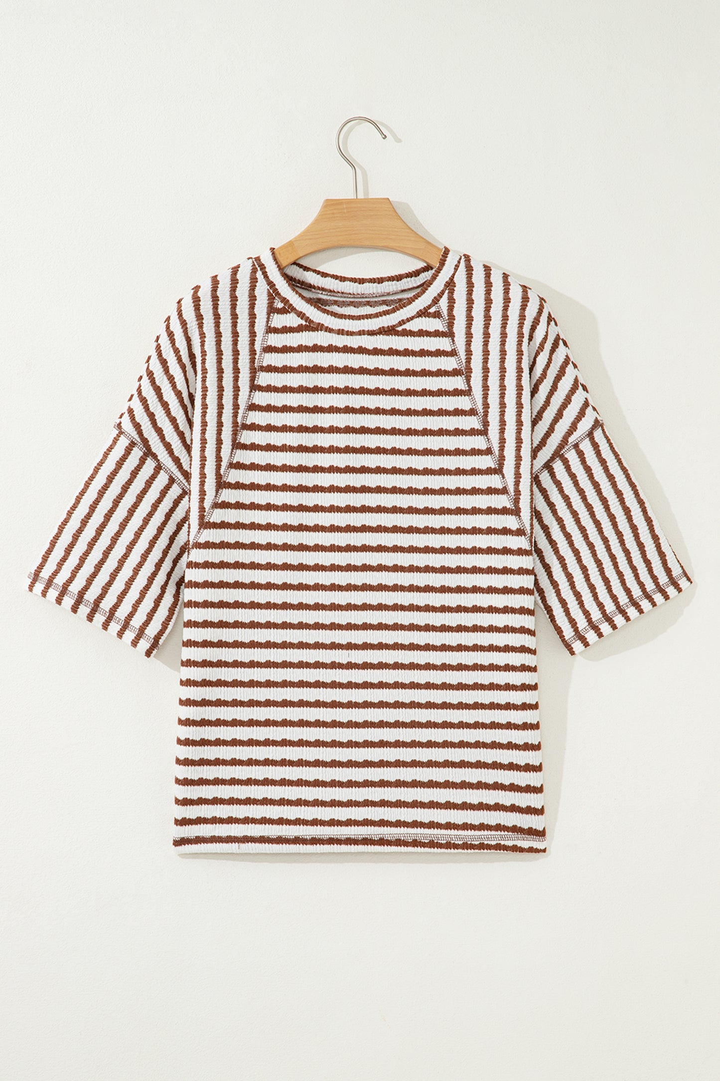 Brown Stripe Textured Knit Split Hem Half Sleeve Loose Top