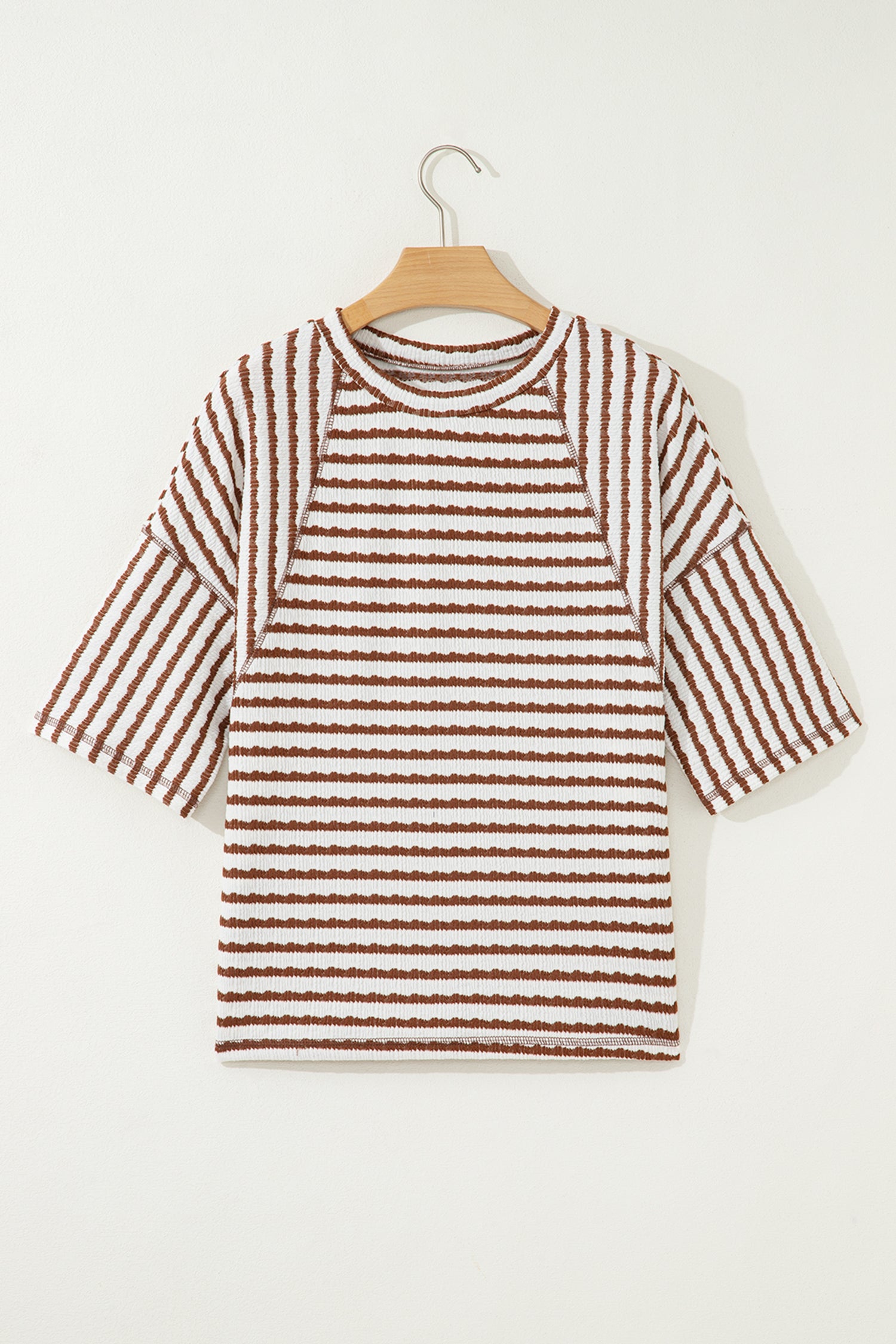 Brown Stripe Textured Knit Split Hem Half Sleeve Loose Top