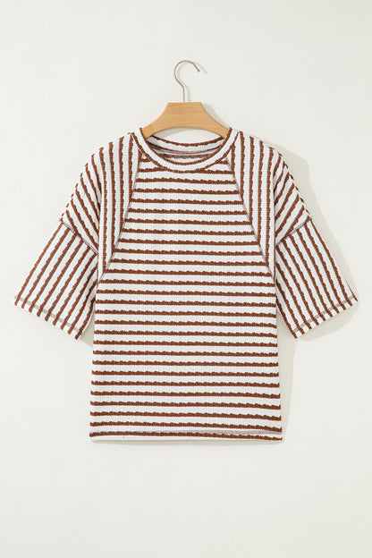 Brown Stripe Textured Knit Split Hem Half Sleeve Loose Top