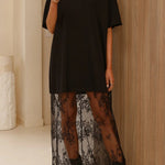 Black Floral Patchwork Short Sleeve T Shirt Loose Maxi Dress