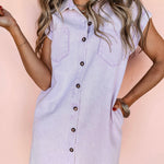 Orchid Petal Short Sleeve Double Chest Pocket Denim Shirt Dress