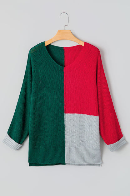 Evergreen Color Block Knit V Neck Loose Sweater