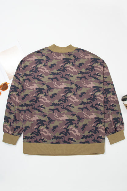 Green Camouflage Print High Neck Long Sleeve Oversized Shift Silhouette Tunic Length Plus Size Sweatshirt