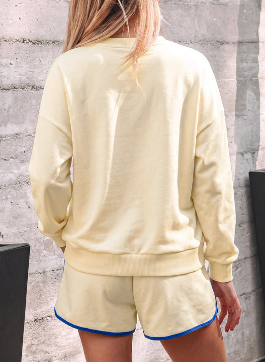 Beige Game Day Crewneck Long Sleeve Pullover Athleisure Short Sets