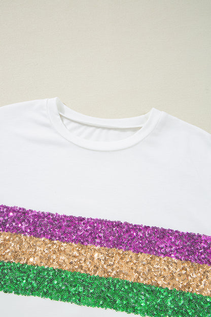 T-shirt ras du cou à rayures et sequins blancs style patchwork Mardi Gras