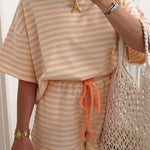 Pink Stripe Contrast Neck Loose Tee and Drawstring Shorts Set