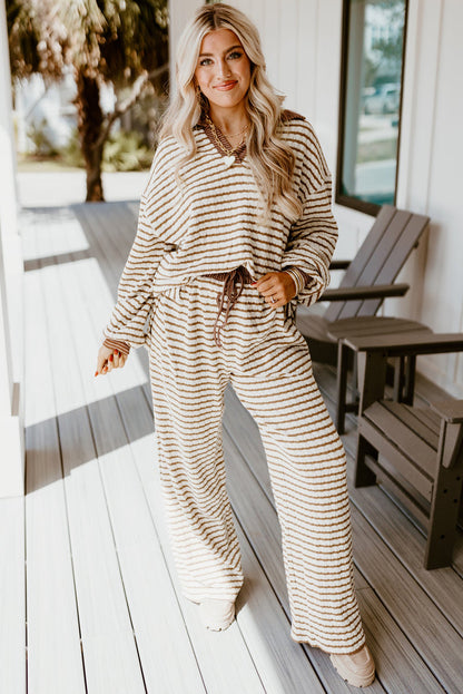 Khaki Stripe Collared Pullover Top and Drawstring Pant Set