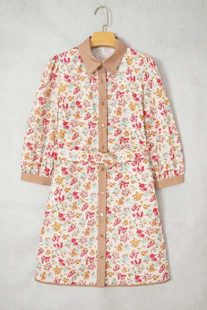 Orange Floral Print Color Block Trim Button Down 3/4 Sleeve Belted Mini Dress