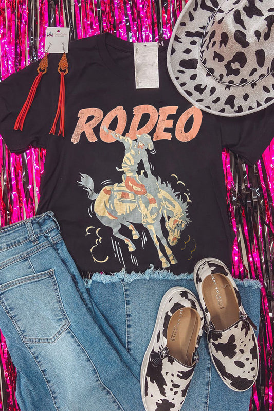 T-shirt à col rond noir avec motif cowboy RODEO