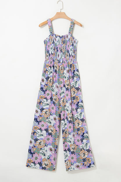 Black Floral Print Smocked High Waist Square Neck Jumpsuit