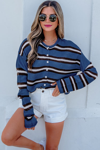 Blue Stripe Striped Drop Shoulder Button Cardigan