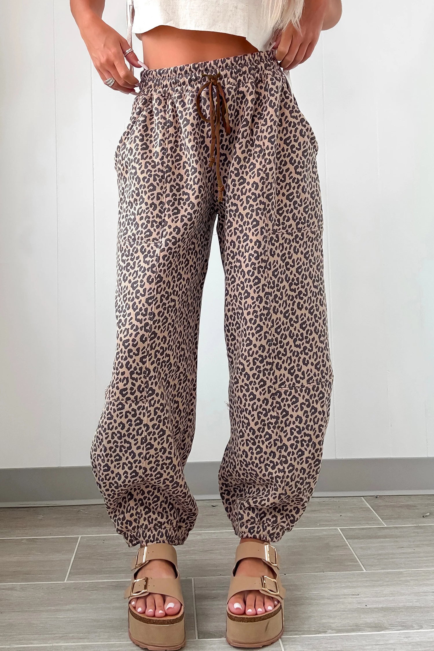 Khaki Leopard Print Elastic Waist Ankle Length Pants