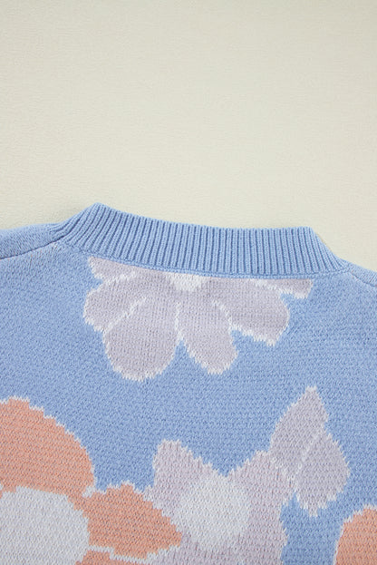 Pull tricoté à col rond et épaules tombantes à motif floral bleu Beau