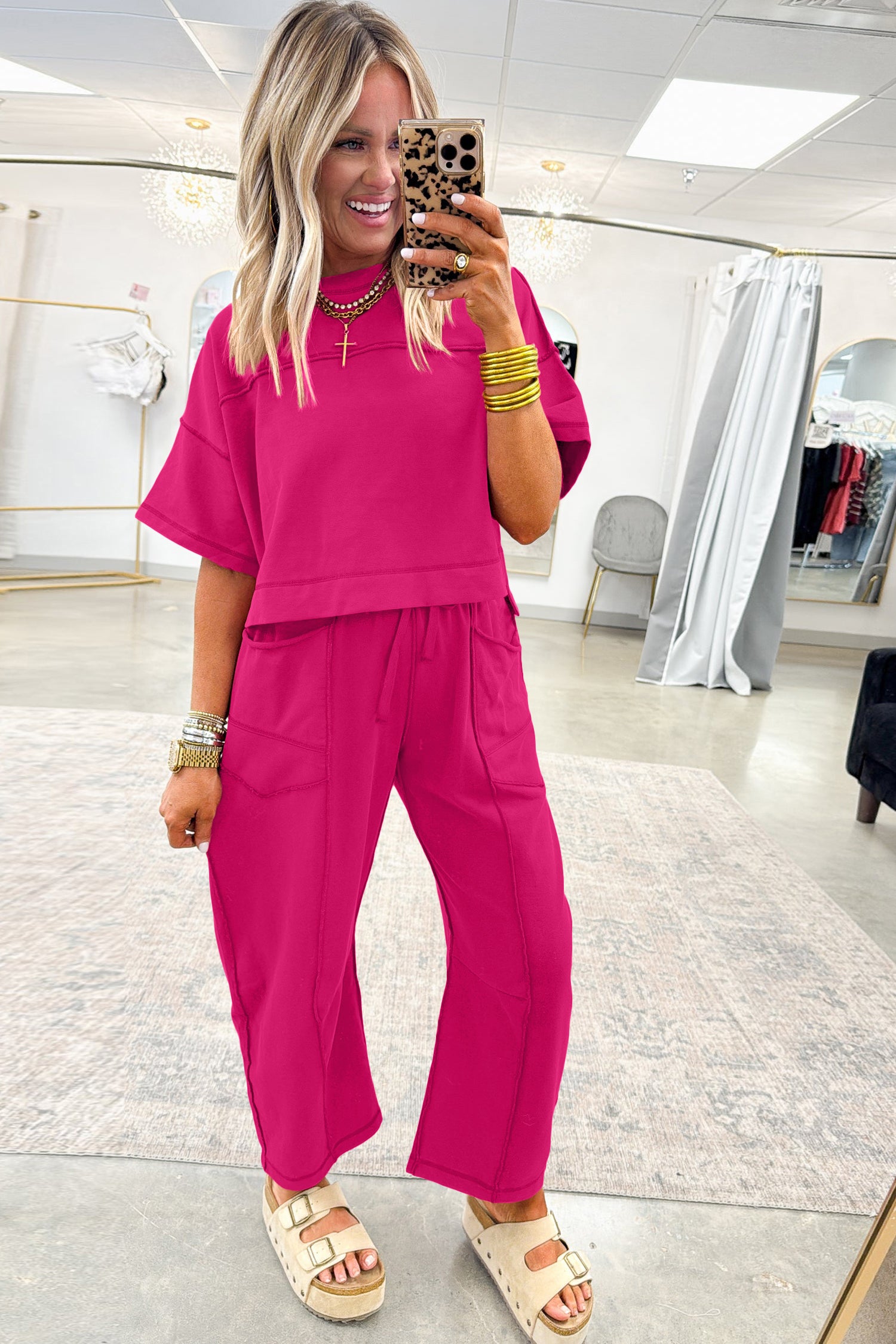 Rose Red Drop Shoulder Boxy Tee and Barrel Pants Set