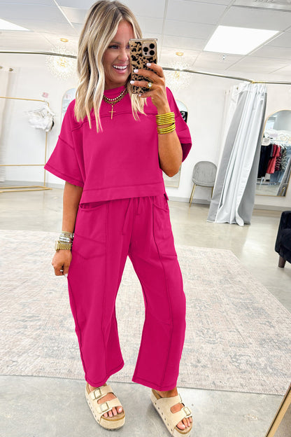 Rose Red Drop Shoulder Boxy Tee and Barrel Pants Set