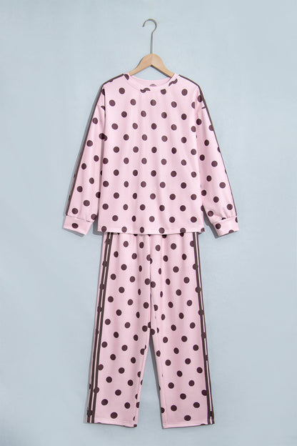 Pink Polka Dot Print Side Stripe Detail Long Sleeve Top Casual Pant Set