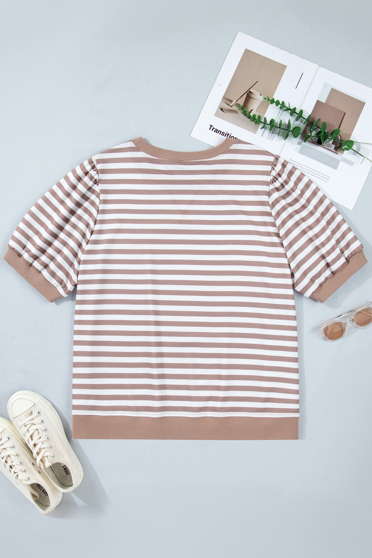 Khaki Stripe Ribbed Trim Round Neck Short Puff Sleeve Plus T Shirt
