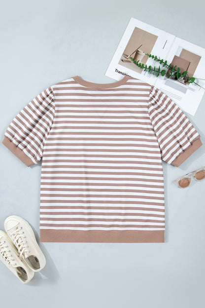 Khaki Stripe Ribbed Trim Round Neck Short Puff Sleeve Plus T Shirt