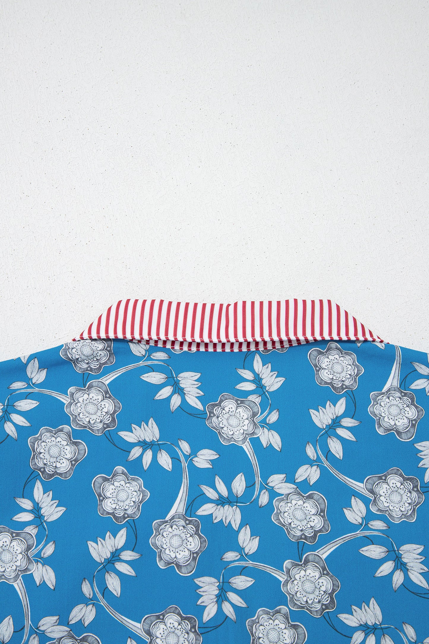 Blue Retro Floral Print Striped Trim Button Neck Short Sleeve Blouse